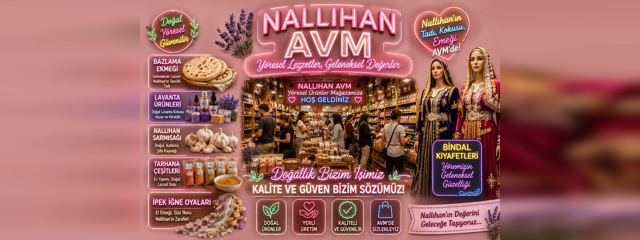 Nallıhan AVM yöresel ürünler · bazlama ekmeği, lavanta ürünleri, Nallıhan sarımsağı, tarhana ve ipek iğne oyaları