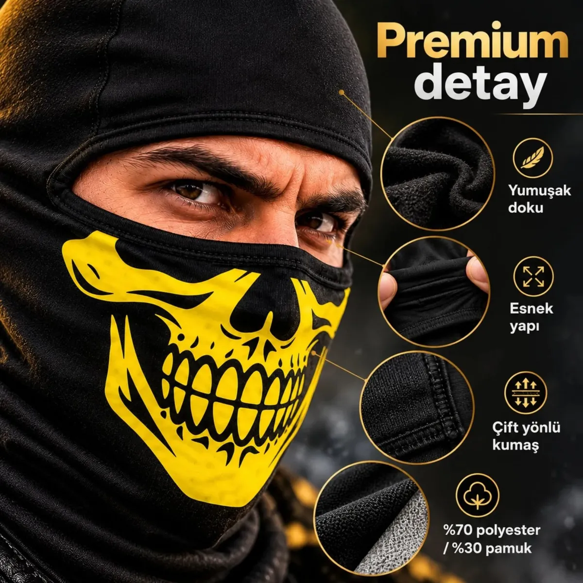 Unisex Sarı Kurukafa Desenli Balaklava Kar Maskesi | Siyah Tam Yüz Boyunluk Motosiklet Outdoor Maske görseli