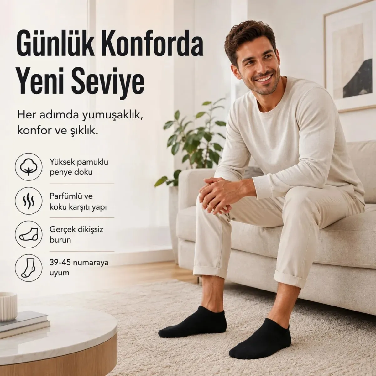 Erkek Patik Çorap 6’lı Siyah Beyaz Lacivert 39-44 Yüksek Pamuklu Dikişsiz Koku Karşıtı görseli