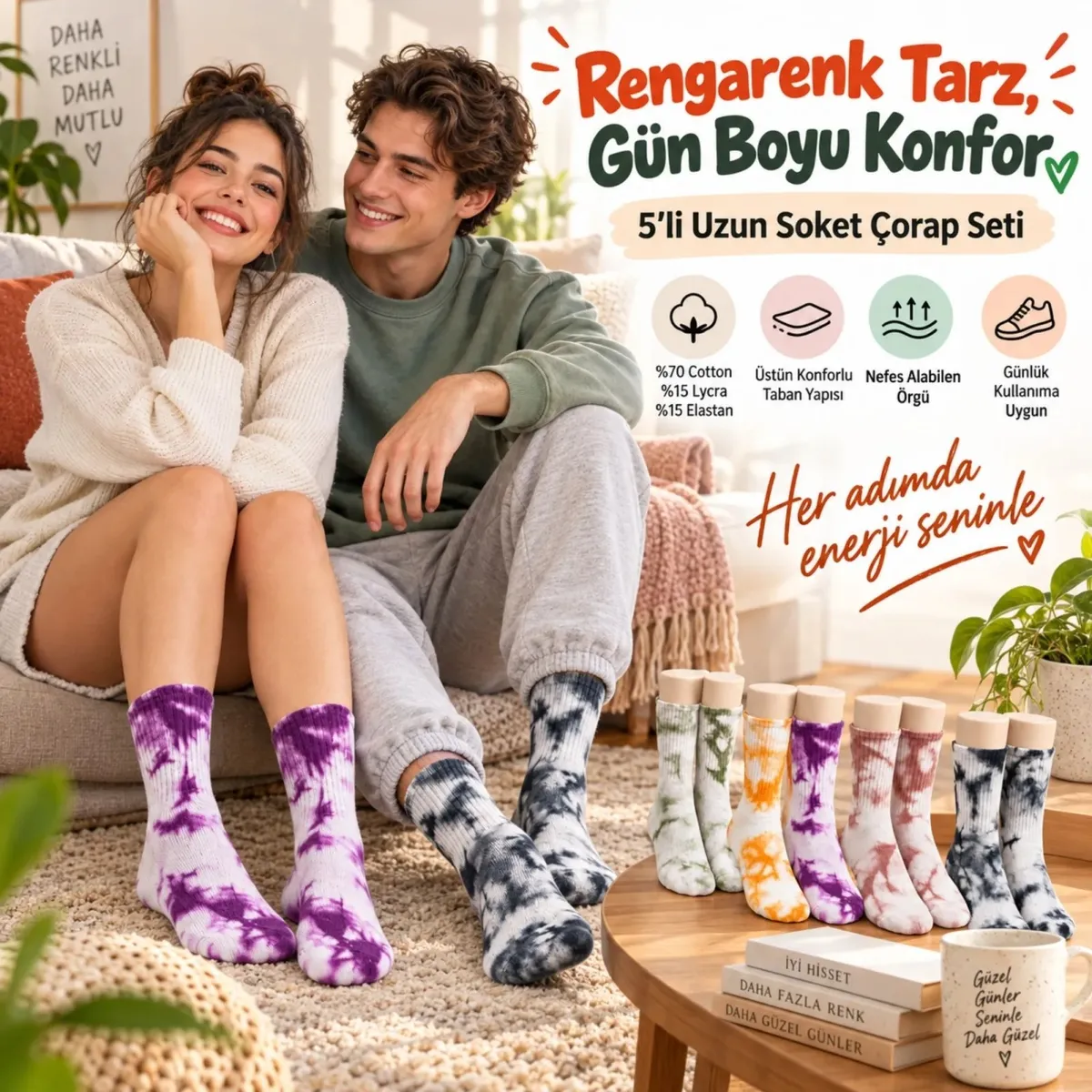 Unisex Batik Desenli Çorap 10'lu Renkli Pamuklu Uzun Soket Dikişsiz Nefes Alan Günlük Spor Çorabı