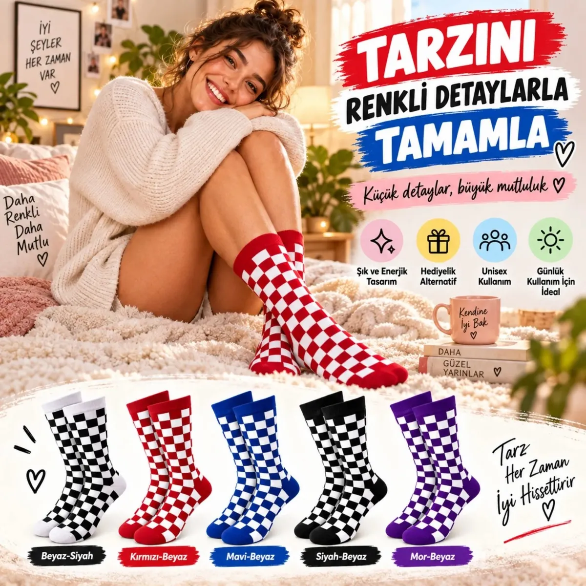 UNİSEX Çorap Dama Desenli Renkli 5'li Set Kareli Uzun Soket Günlük Spor Eğlenceli Rahat Çorap Seti görseli