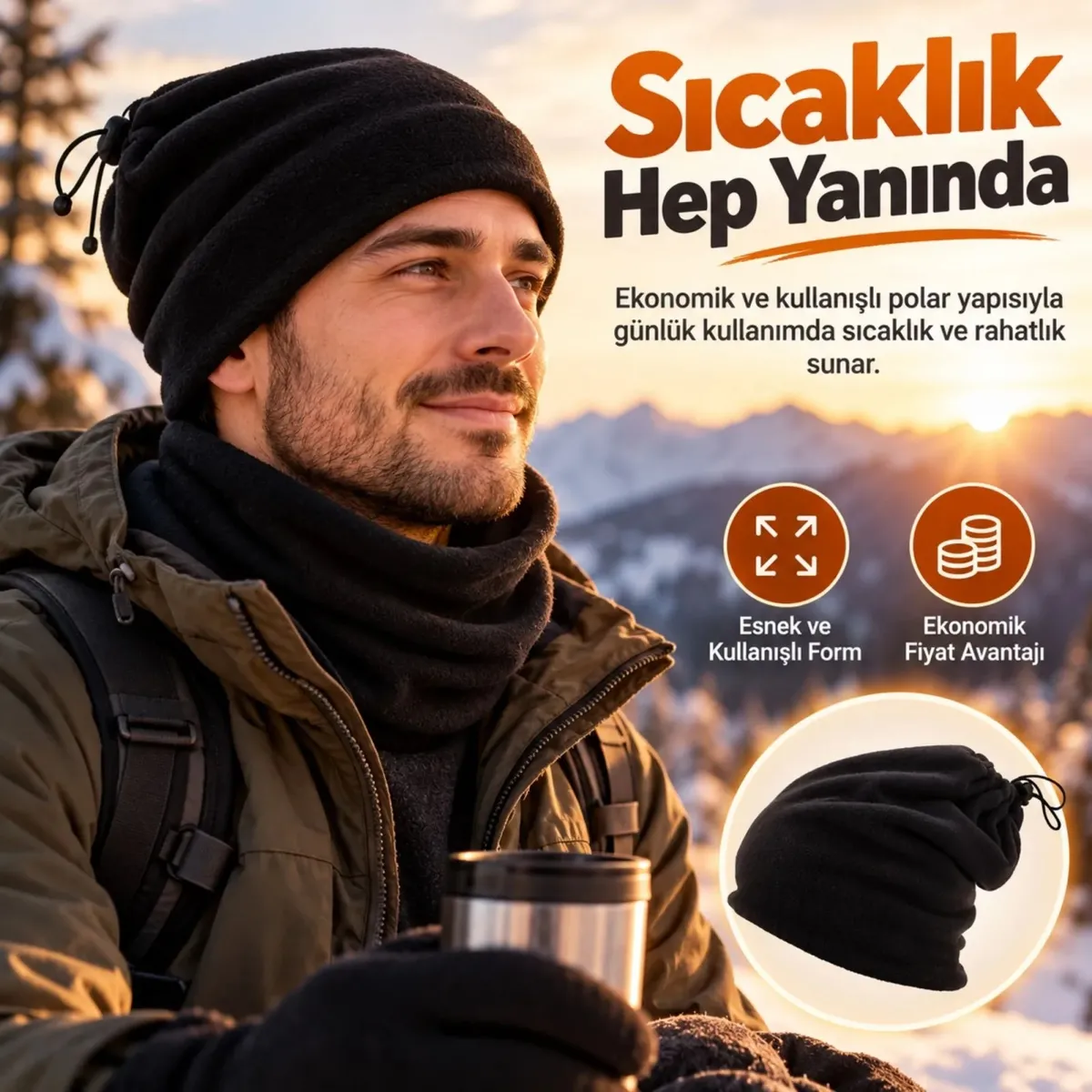 Unisex Polar Bere Boyunluk 2'si 1 Arada Ayarlanabilir Büzgülü Sıcak Tutan Kışlık Siyah Günlük Konfor görseli