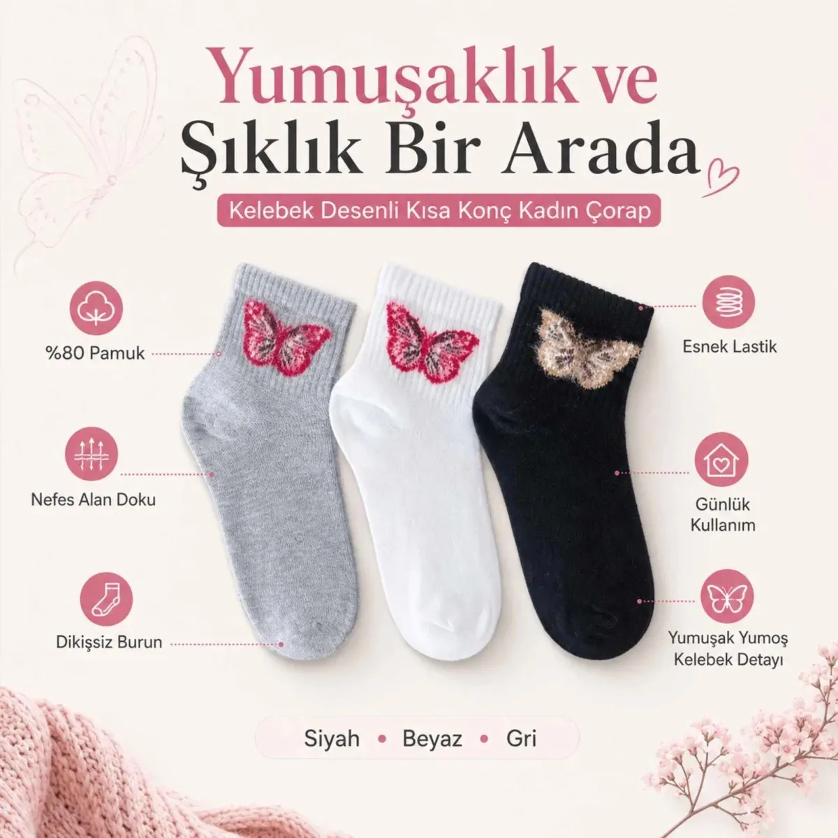 Kadın Kelebek Desenli Kısa Konç Çorap 6'lı | %80 Pamuklu Dikişsiz, Siyah Beyaz Gri görseli