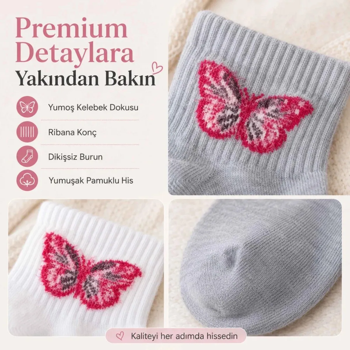 Kadın Kelebek Desenli Kısa Konç Çorap 3'lü | %80 Pamuklu Dikişsiz, Siyah Beyaz Gri
