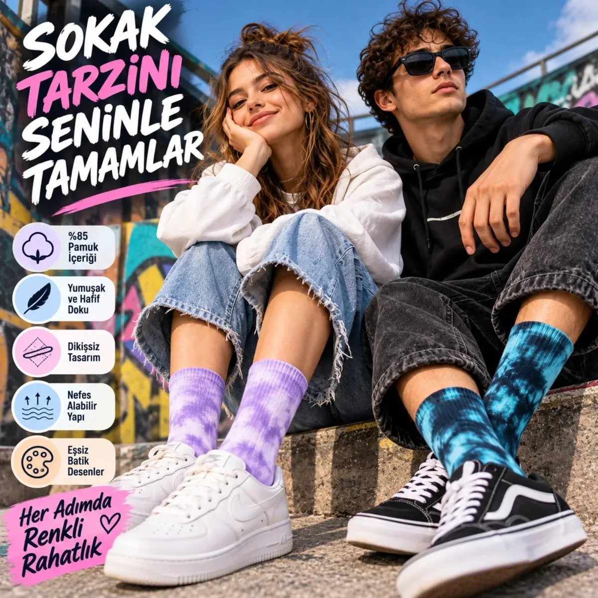Unisex Batik Desenli Soket Çorap 10'lu Set | Renkli Tie Dye Günlük Spor Sneaker Çorabı Modern Stili!