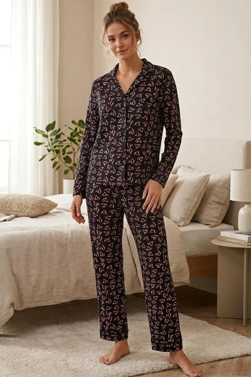 Pembe Kalp Desenli Uzun Kollu Pijama Takımı 4602 -Siyah görseli