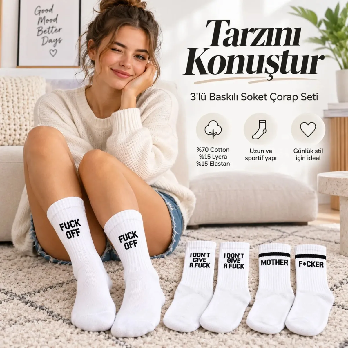 Unisex Beyaz Yazılı Çorap Esprili Sloganlı Uzun Soket Günlük Spor Rahat 6lı Eğlenceli Şık Hediye Set görseli