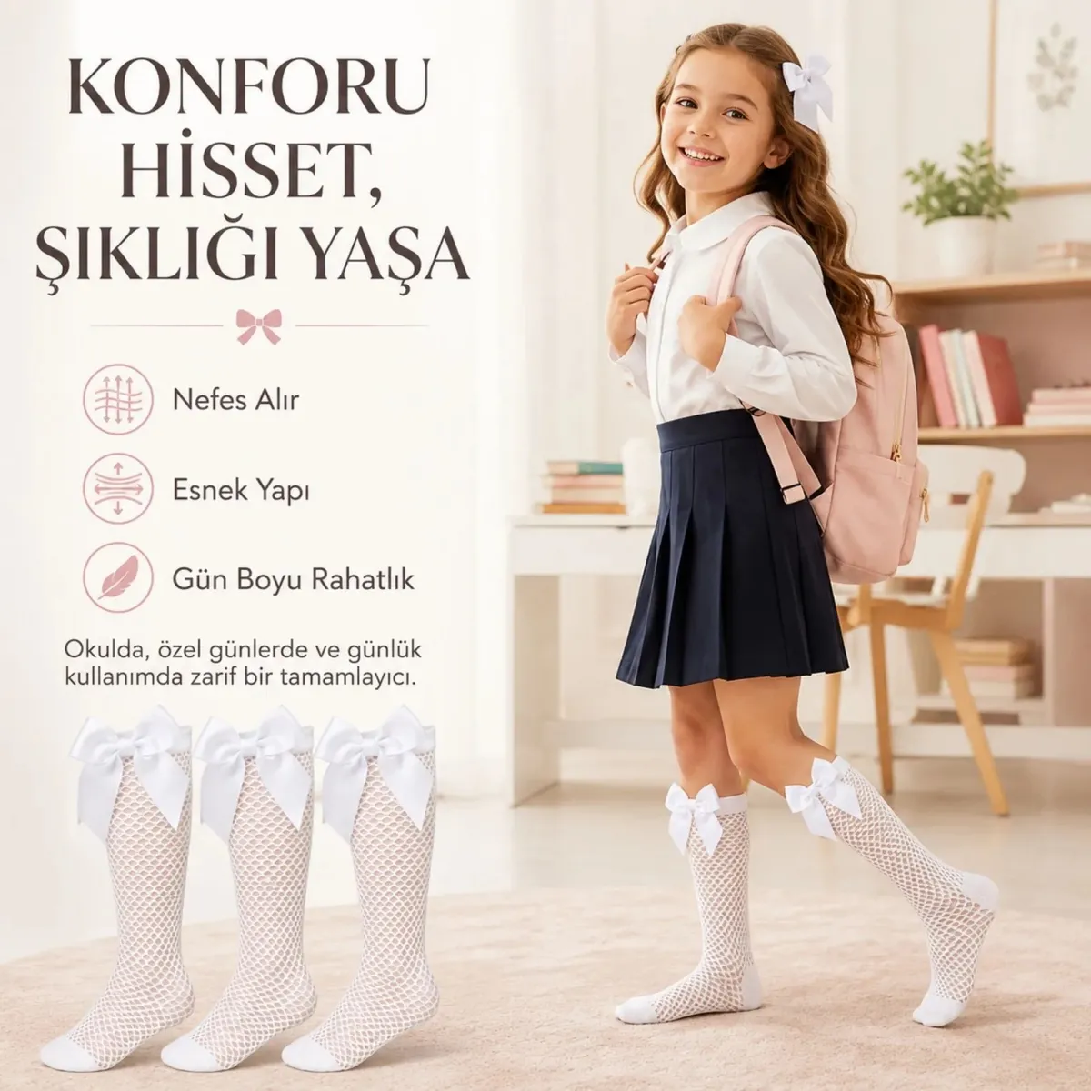 Kız Çocuk Beyaz File Dizaltı Çorap Fiyonklu 3'lü Paket Okul Tören Bayram Gösteri Çorabı görseli