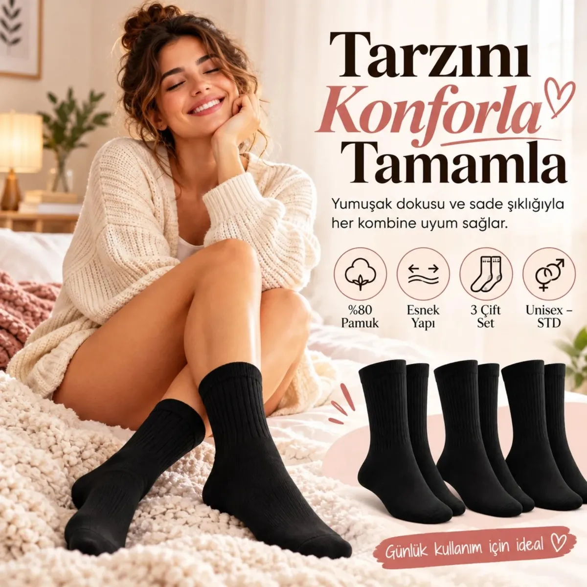 Unisex Siyah Soket Çorap 6'lı Set Düz Basic Ribanalı Günlük Spor Esnek Rahat Uzun Çorap Konforlu Set görseli