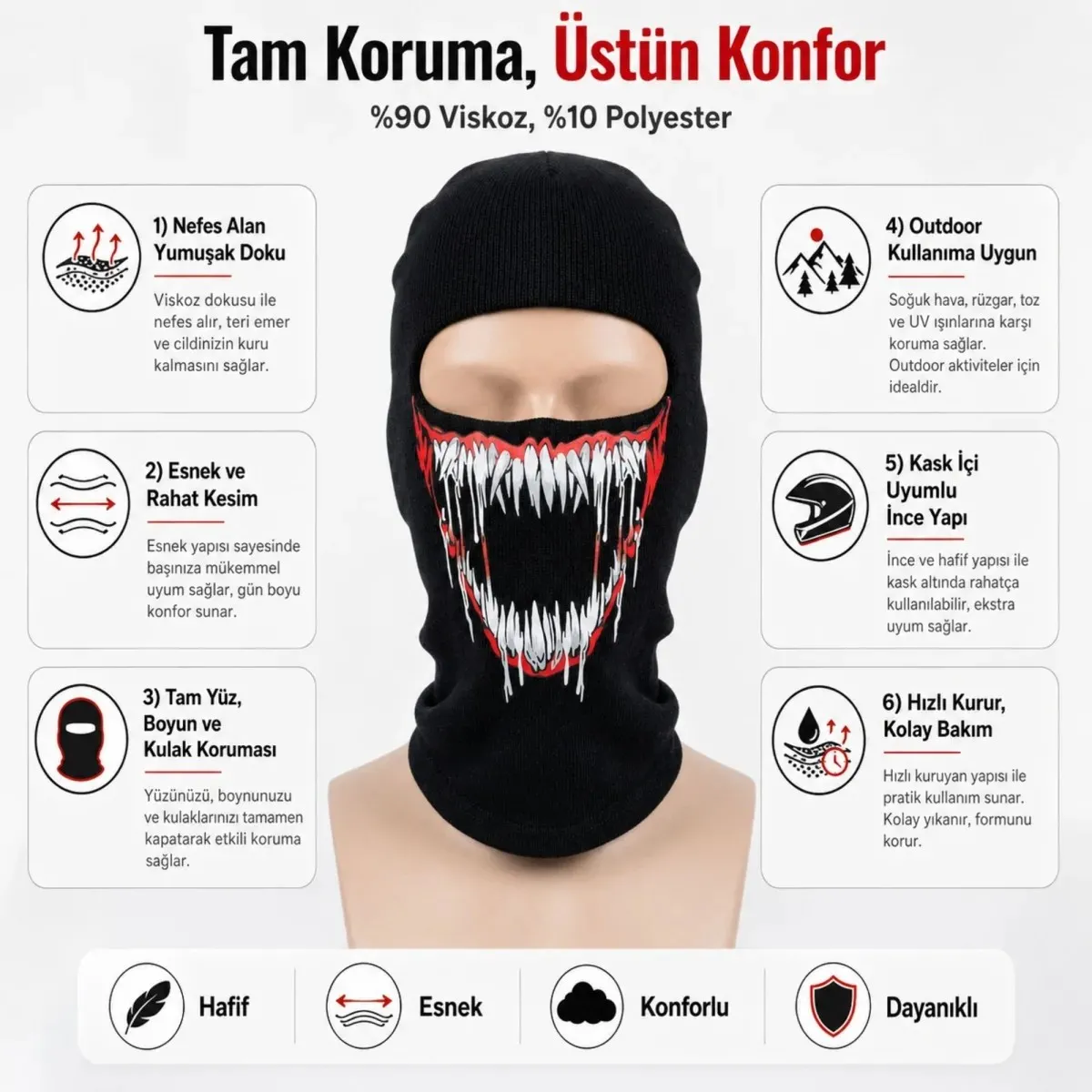 Unisex Canavar Diş Baskılı Balaklava 1 Adet Tek Beden Viskoz Kask İçi Motosiklet Maskesi görseli
