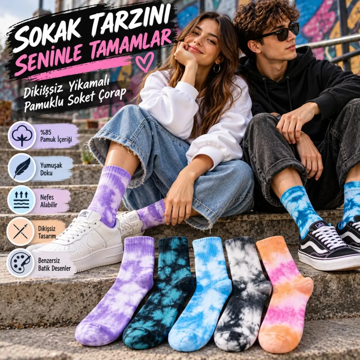 Unisex Batik Desenli Soket Çorap 5'li Set | Renkli Tie Dye Günlük Spor Sneaker Çorabı Modern Stiliyle görseli