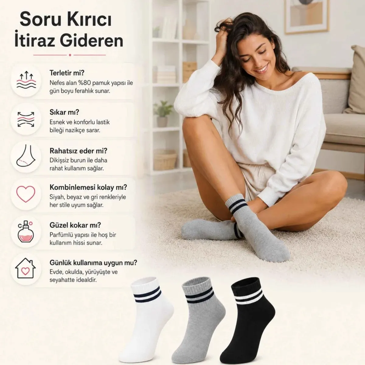 Unisex Çizgili Bilek Çorap 6'lı | %80 Pamuklu Dikişsiz Burun, Siyah Beyaz Gri Günlük Spor görseli