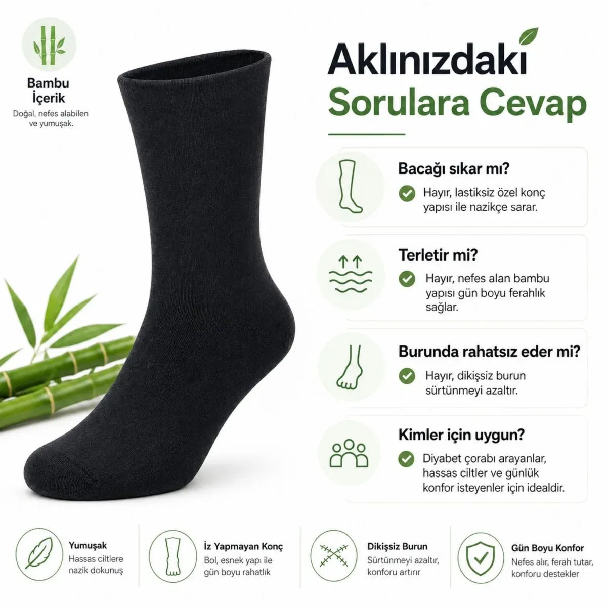 Bambu Diyabet Çorabı 3'lü Lastiksiz Dikişsiz Burun Siyah Uzun Konç Hassas Ayaklar İçin görseli