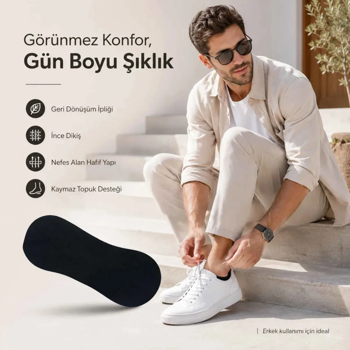Erkek Geri Dönüşüm İplikli 12’li Görünmez Sneaker Çorap, İnce Dikişli, Nefes Alan Yazlık Babet Çorabı, Kaymaz Topuklu Siyah Gri Beyaz görseli
