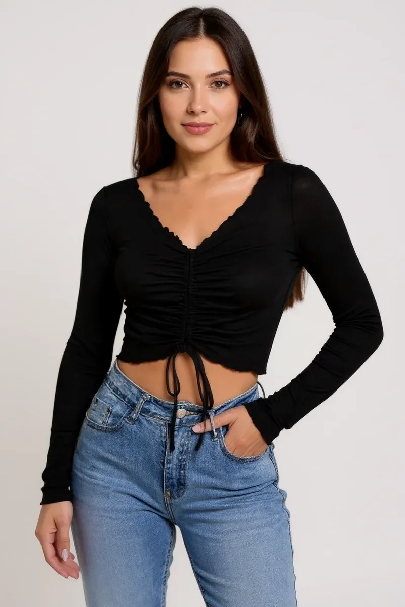 Kadın Siyah Uzun Kollu Büzdürme Bağcık Detaylı Crop Top Bluz – Şık, Rahat ve Kolay Kombinlenebilir görseli