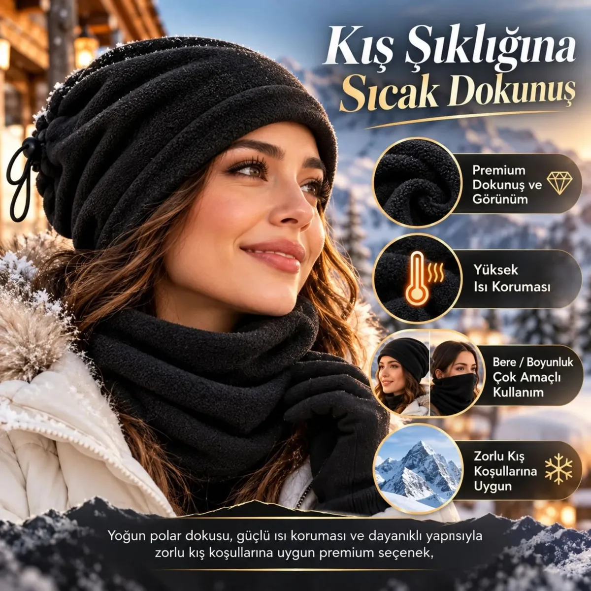 Unisex Premium Polar Bere Boyunluk 2'si 1 Arada Sıcak Tutan Rüzgar Korumalı Outdoor Kışlık Siyah Şık görseli