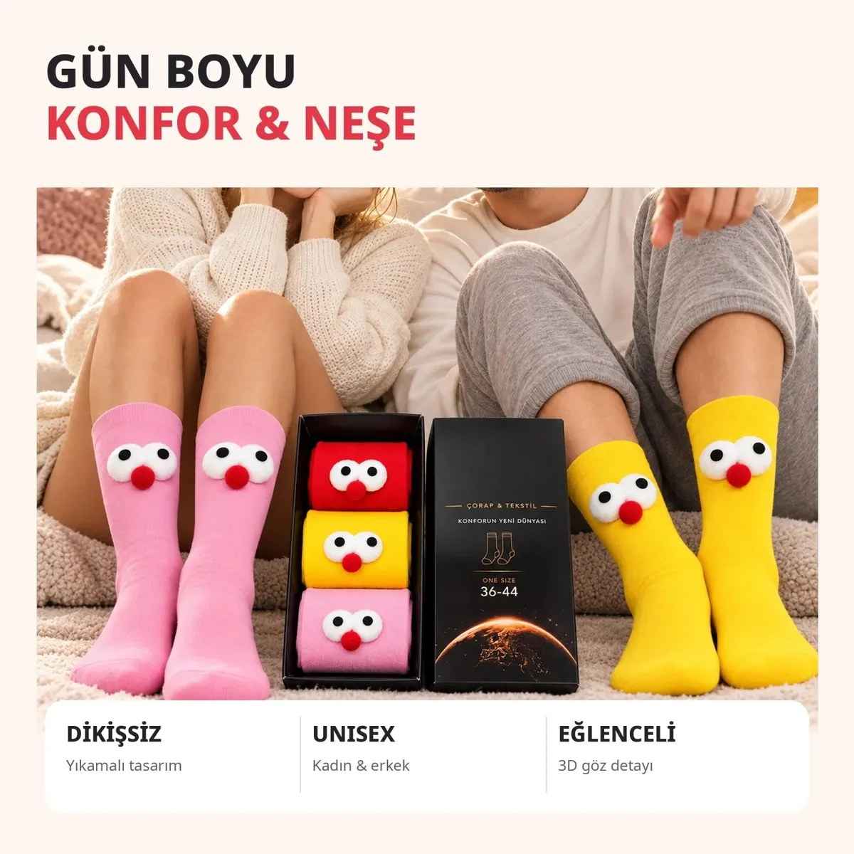 Kadın 3'lü Kutulu 3D Gözlü Soket Çorap Seti | Kırmızı, Sarı, Pembe Eğlenceli Hediyelik Çorap Paketi! görseli