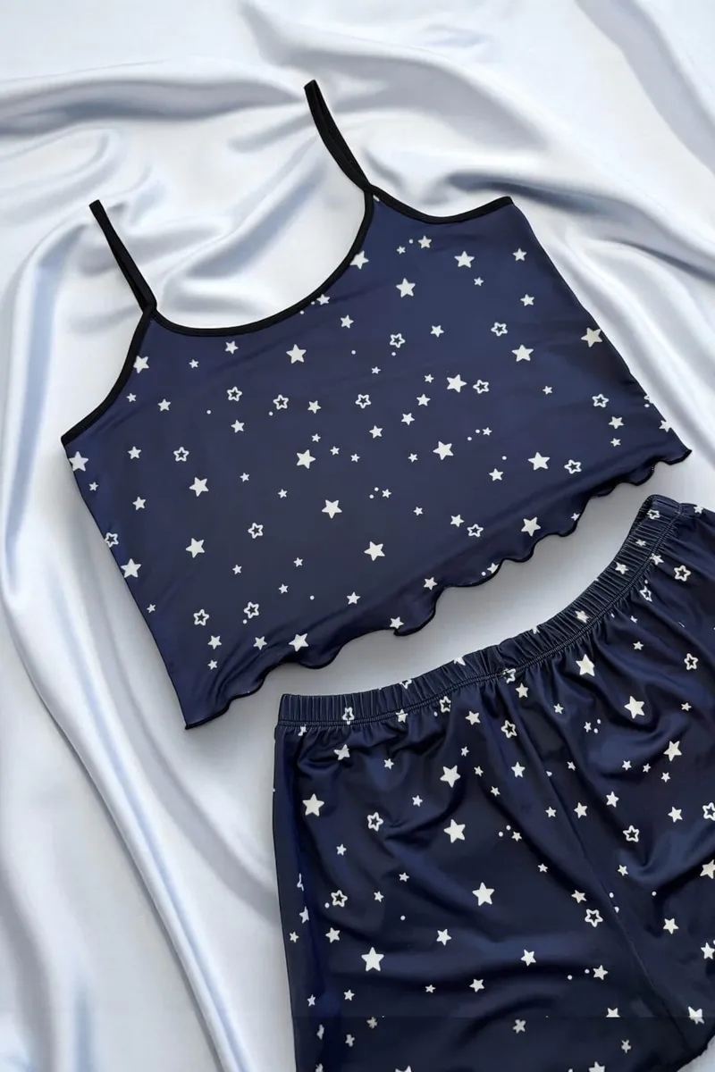 Yıldız Desenli Lacivert Şortlu Pijama Takımı görseli