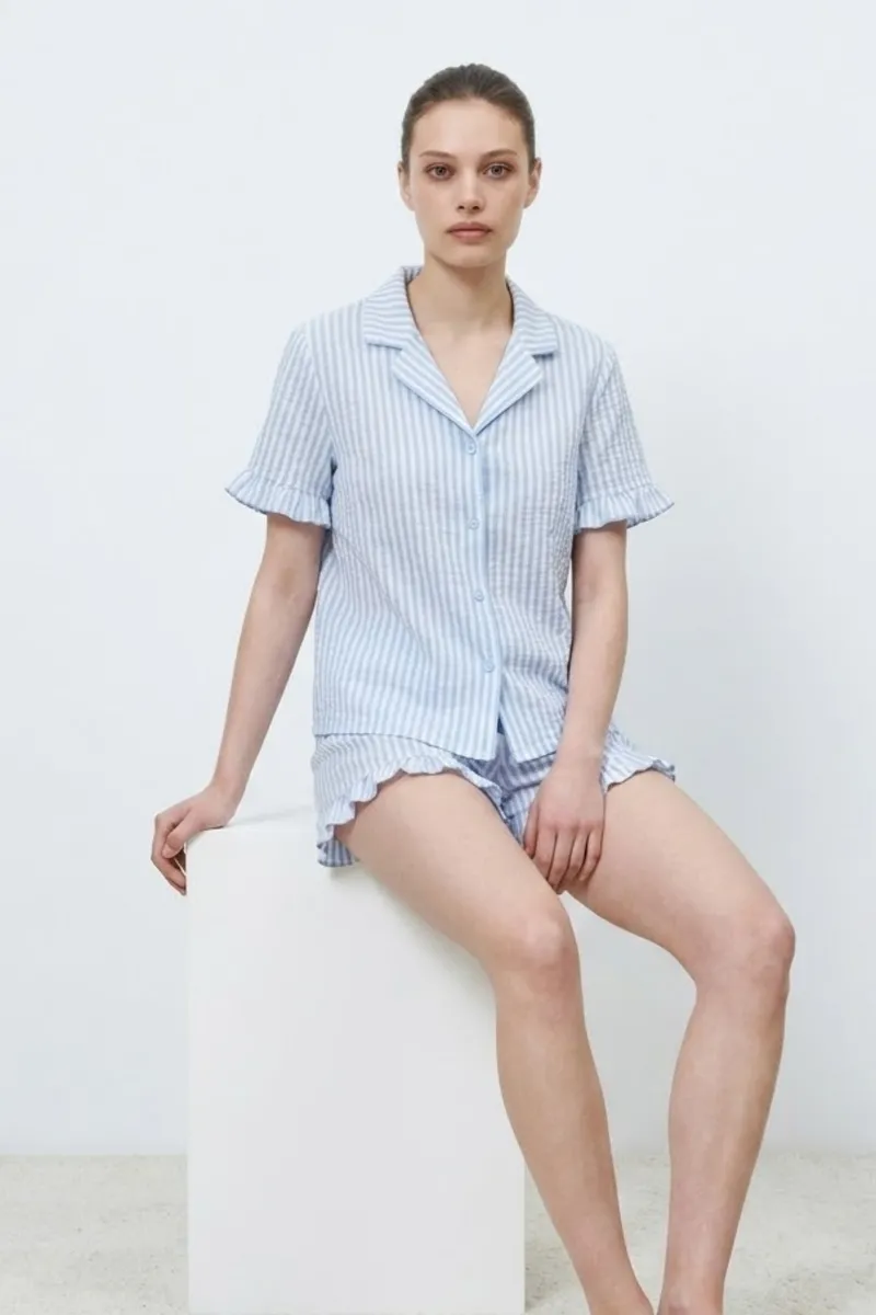 Kadın Premium Fırfırlı Mavi Pijama Takımı görseli