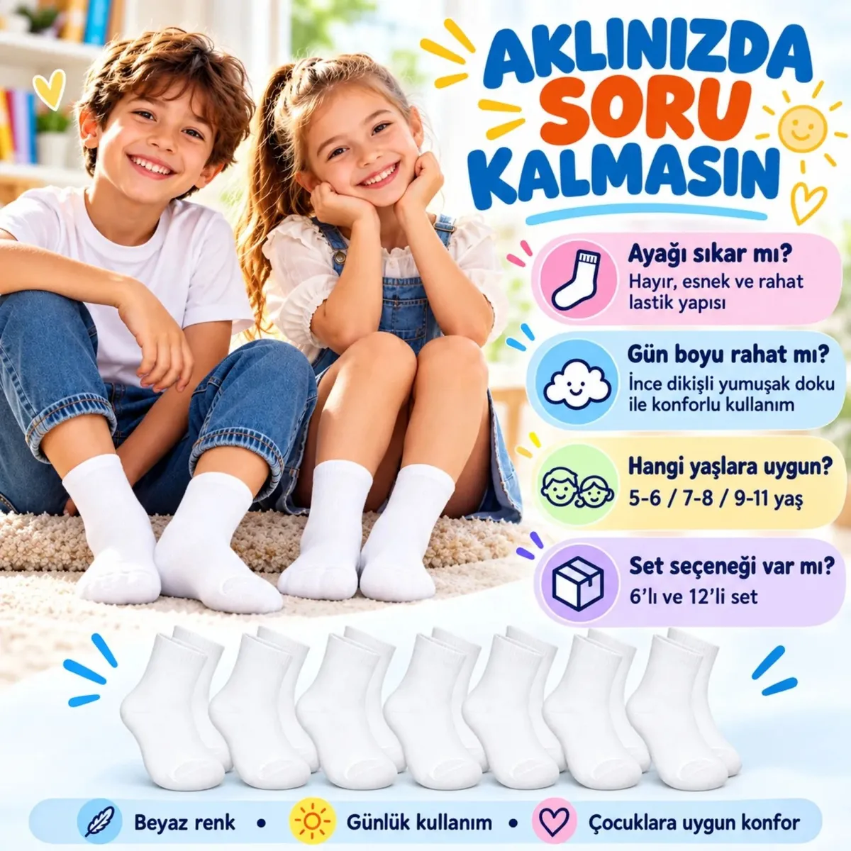 Çocuk Beyaz Çorap 6'lı Set İnce Dikişli Yumuşak Nefes Alabilen Okul Günlük Rahat Çorap 5-11 Yaş Seti görseli
