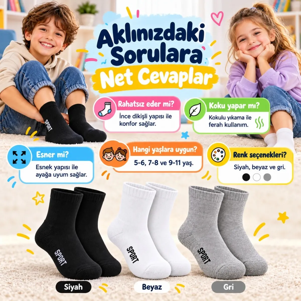 Çocuk Spor Çorap 6'lı Set Siyah Beyaz Gri İnce Dikişli Kokulu Yıkama Yumuşak Esnek Günlük Çorap Seti görseli