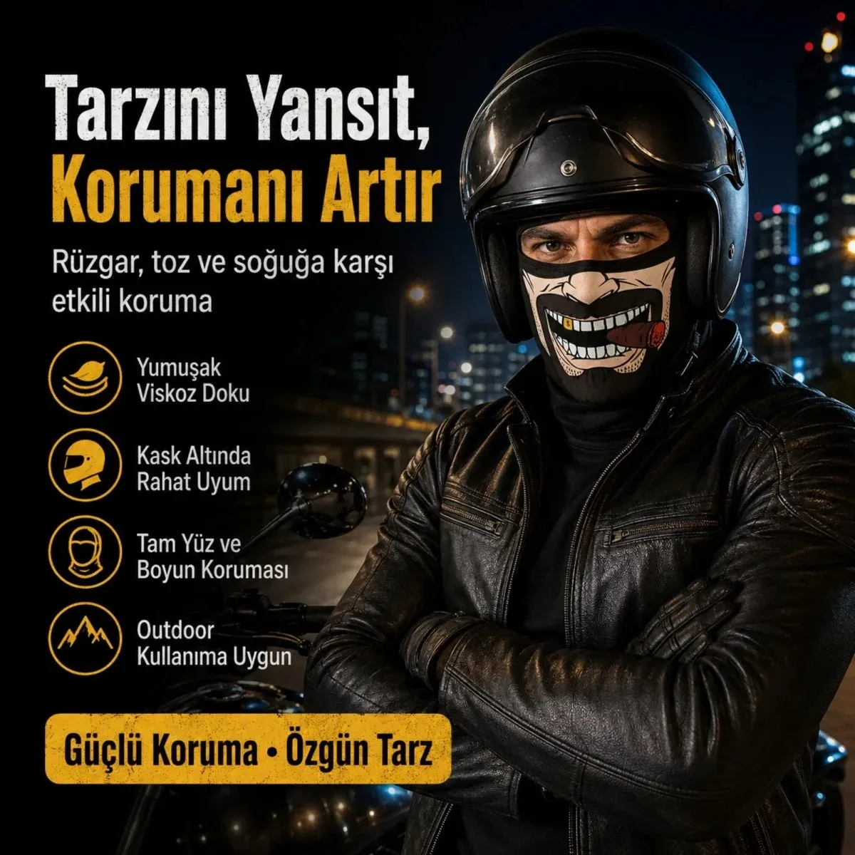 Unisex Bıyık Puro Baskılı Balaklava 1 Adet Tek Beden Viskoz Kask İçi Motosiklet Maskesi görseli