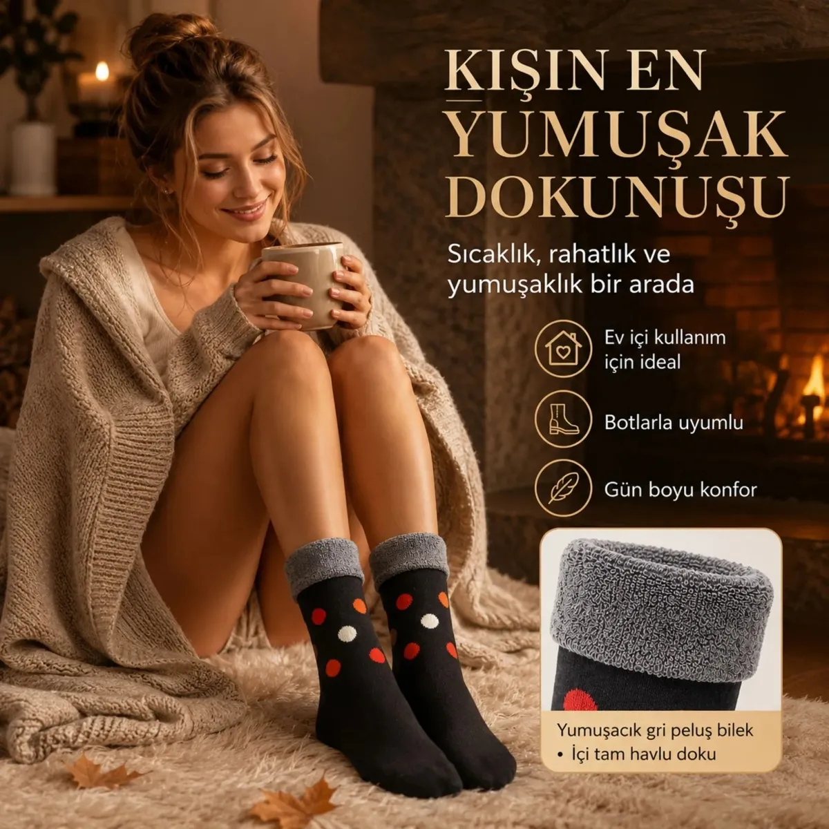 12’li Kadın Kışlık Havlu Çorap Sıcak Tutan Karışık Desenli Ekonomik Çoklu Çorap Seti görseli