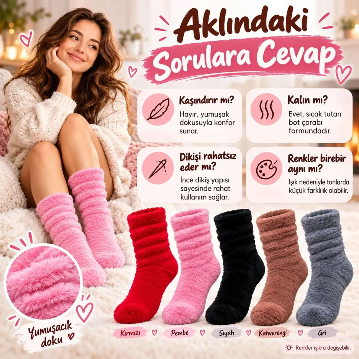 Kadın 3'lü Peluş Bot Çorap Seti | Kırmızı Pembe Siyah Yumuşacık Tüylü Büzgülü Rahat Kışlık Ev Çorabı görseli