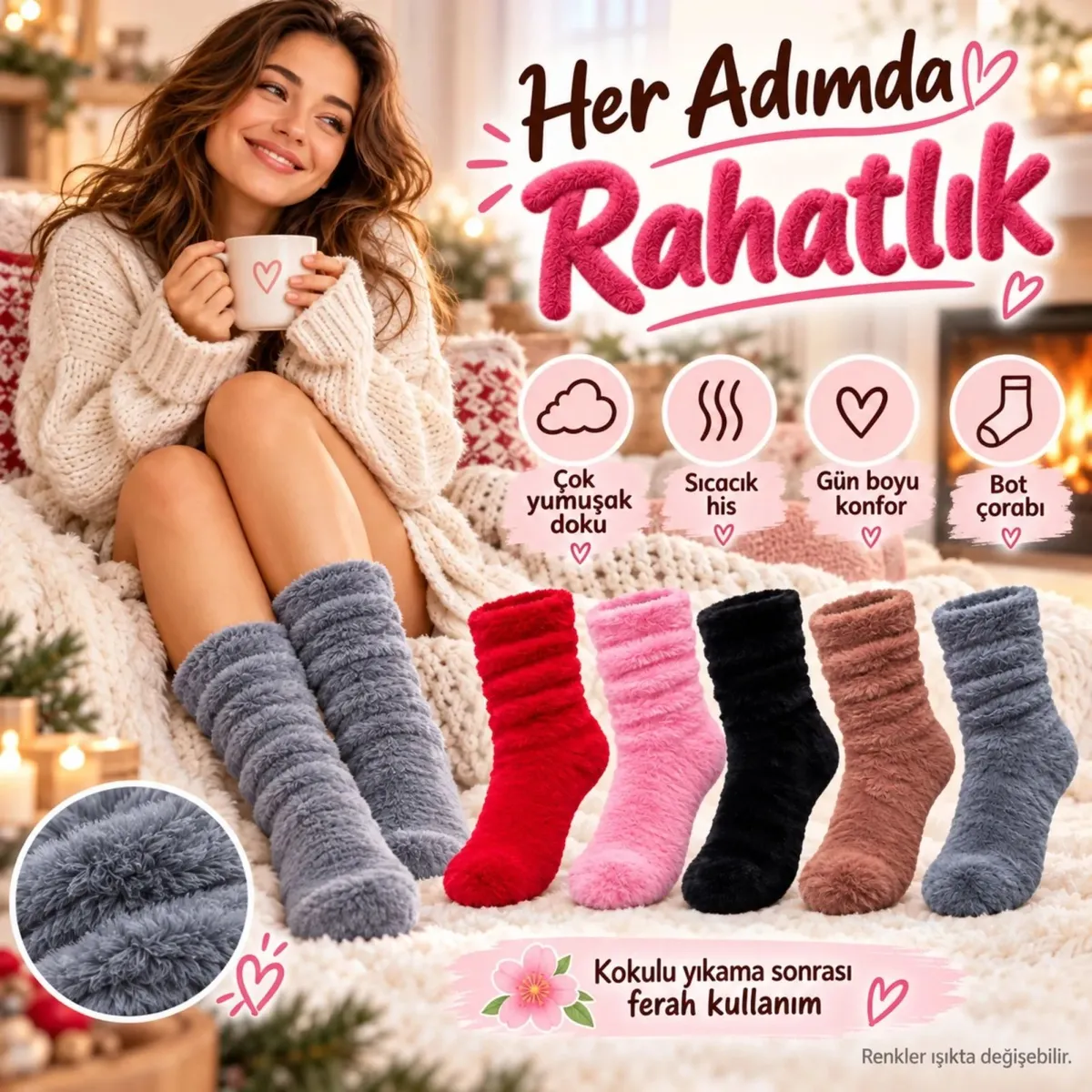 Kadın 3'lü Peluş Bot Çorap Seti | Kırmızı Pembe Siyah Yumuşacık Tüylü Büzgülü Rahat Kışlık Ev Çorabı görseli