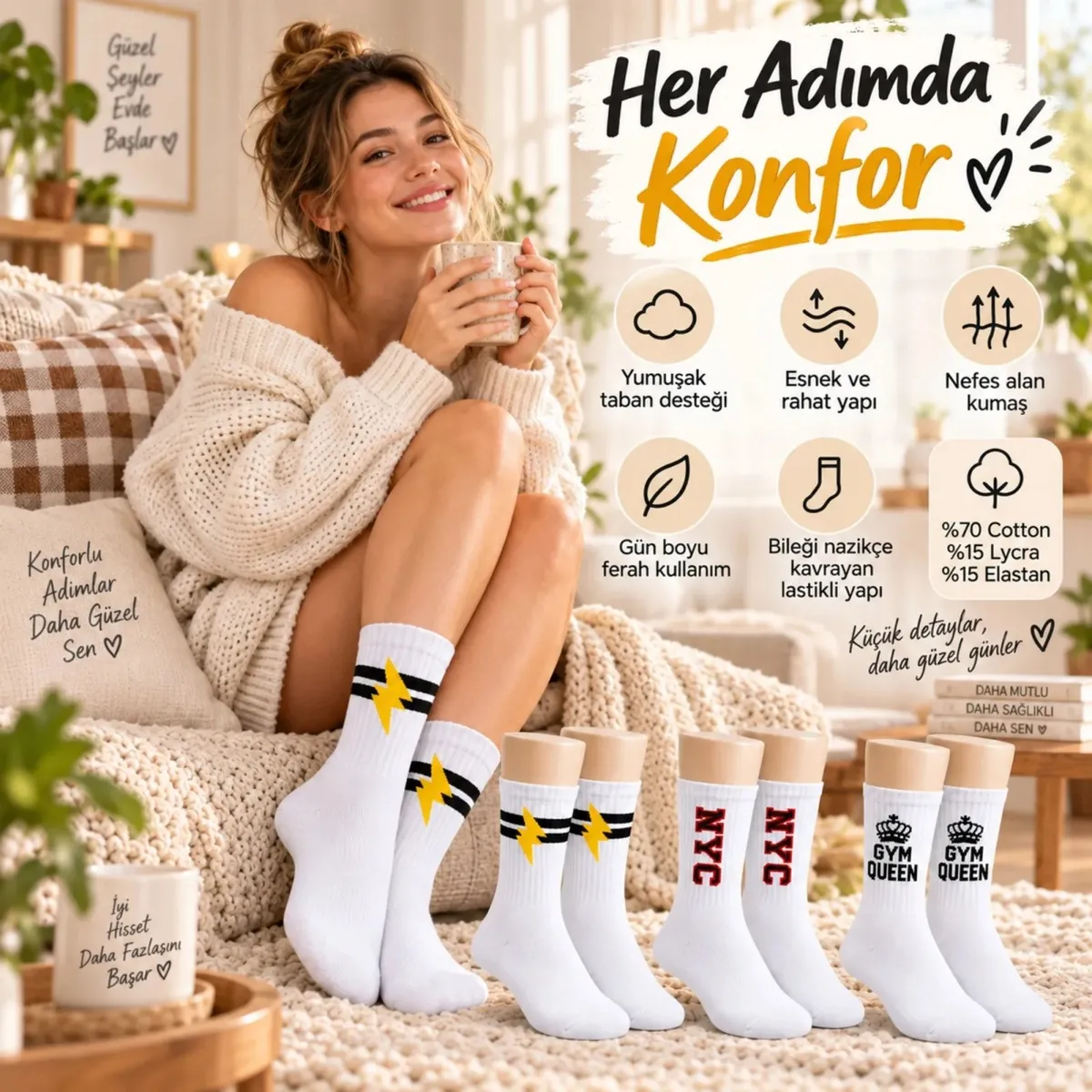 Kadın Spor Çorap Beyaz Yazılı 6'lı Set Uzun Soket Pamuklu Dikişsiz Nefes Alan Spor Konforlu Çoraplar görseli