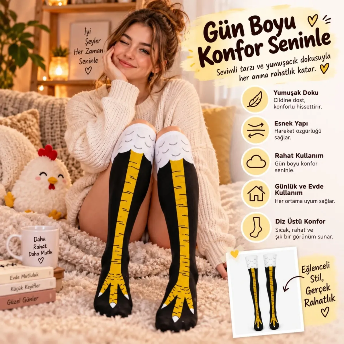 Kadın Diz Üstü Tavuk Ayağı 3'lü Desenli Çorap Siyah Sarı Uzun Eğlenceli Kostüm Günlük Çorabı Modeli görseli