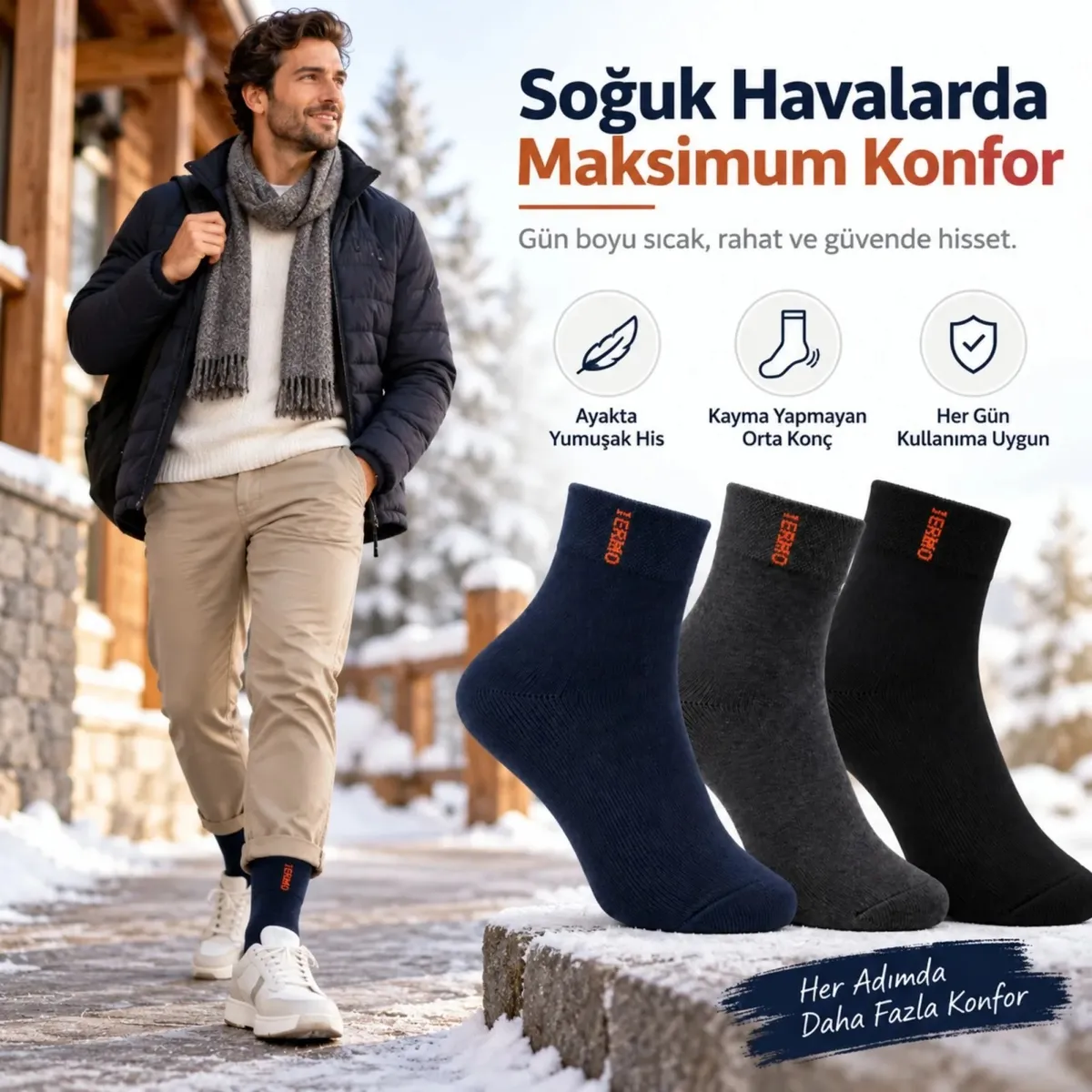 Erkek Çorap Dikişsiz 3'lü Havlu | Orta Konç, Sıcak Tutan, Yumuşak ve Dayanıklı görseli