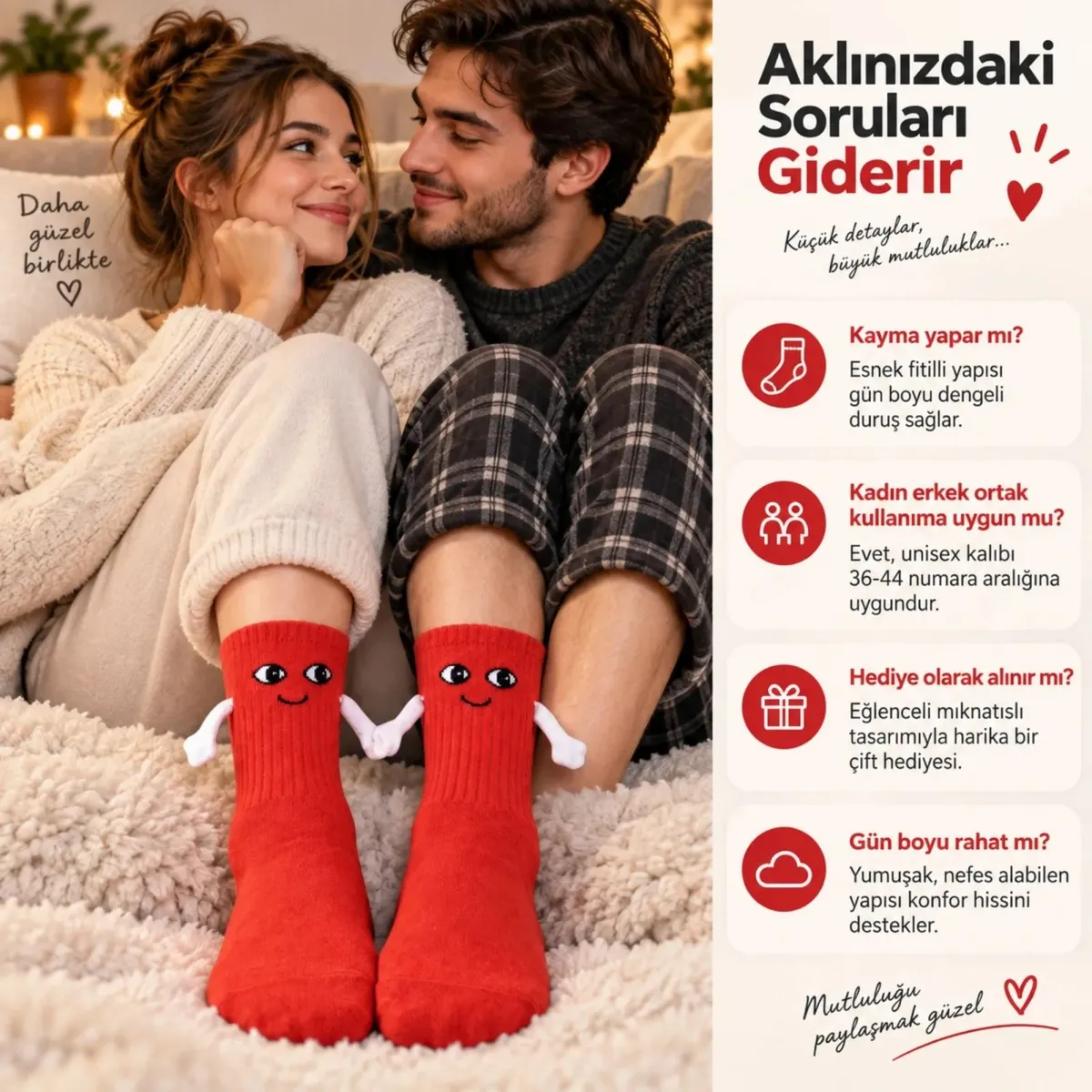 Mıknatıslı El Ele 2'li Unisex Tutuşan Sevimli Çorap 36-44 | Çift Hediyesi, Pamuklu Renkli Crew Model görseli