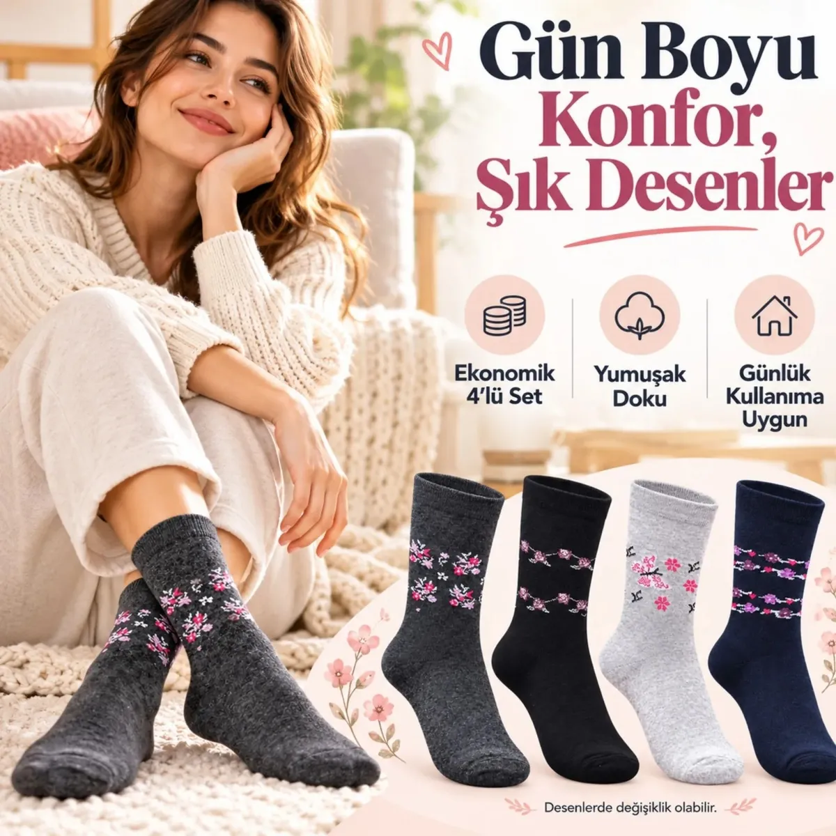 Kadın Ekonomik Soket Çorap 4'lü Seti | Çiçek Desenli Bayan Günlük Çorap Karışık Renk Avantajlı Paket