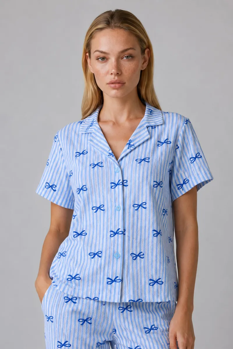 Mavi Kurdele Desenli Çizgili Bürümcük Pijama Takımı 4645-Mavi görseli