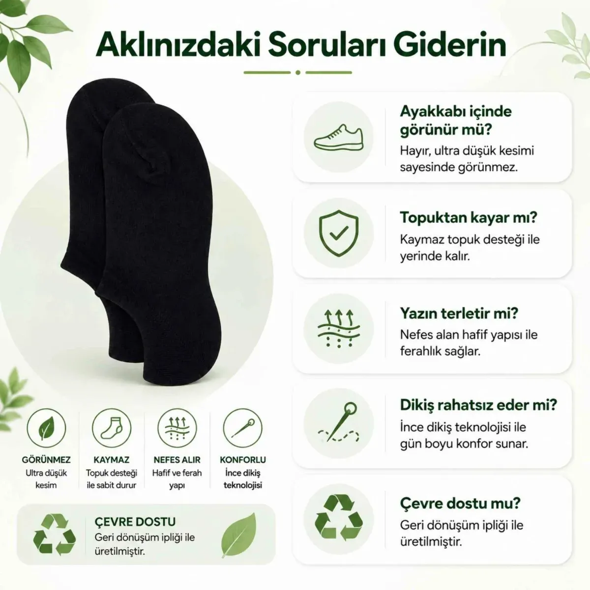 Kadın Görünmez Sneaker Babet Çorap 12'li | Geri Dönüşüm İplikli, Nefes Alan, Siyah Beyaz Gri görseli