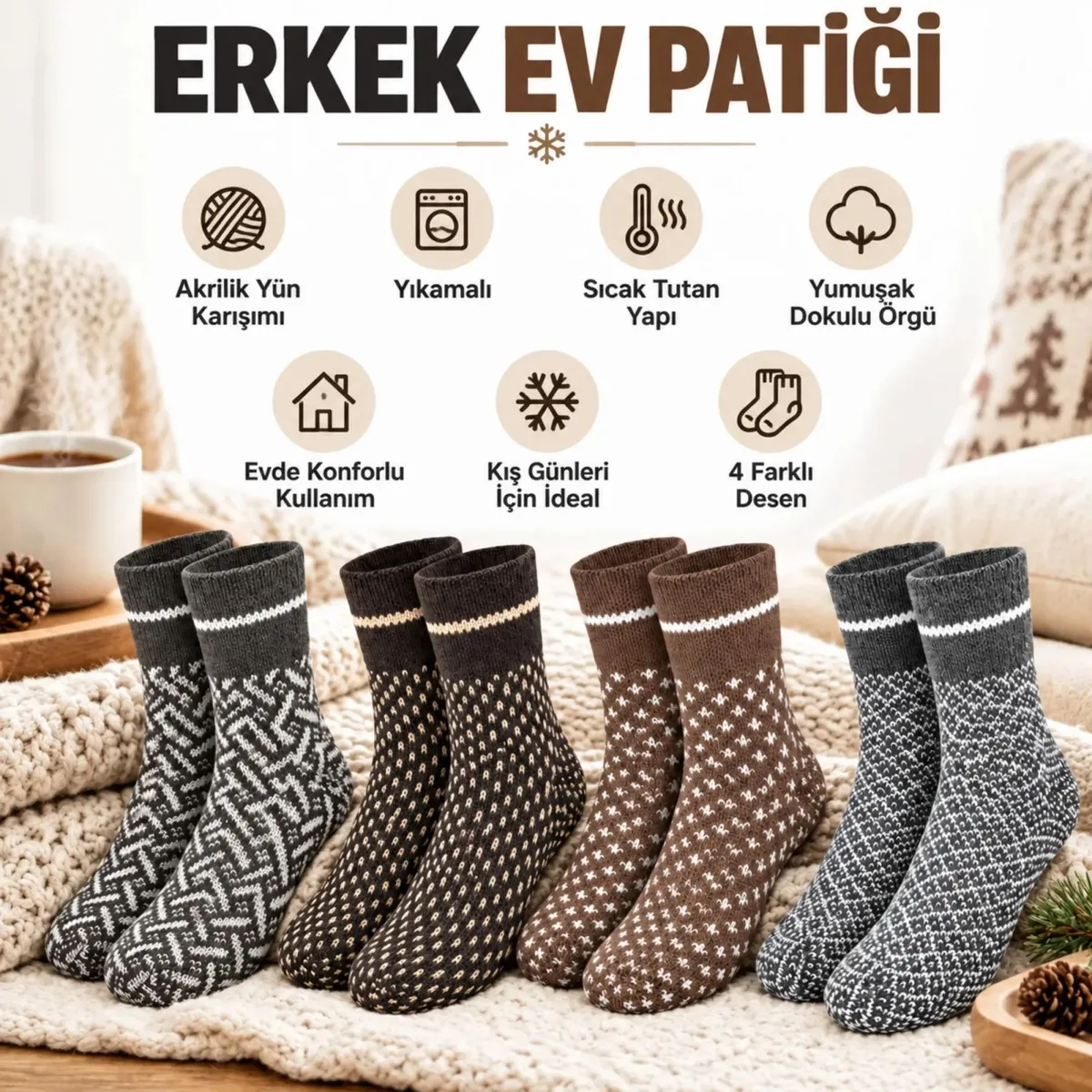 Erkek Kışlık Desenli Çorap 8'li Seti Sıcak Tutan Yumuşak Rahat Günlük Renkli Kısa Konç Çorap Paketi görseli