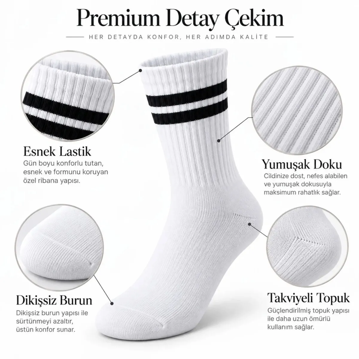 Unisex Beyaz Çorap Siyah Çizgili 12'li Set Uzun Soket Günlük Spor Kolej Stil Kadın Erkek Çorabı görseli