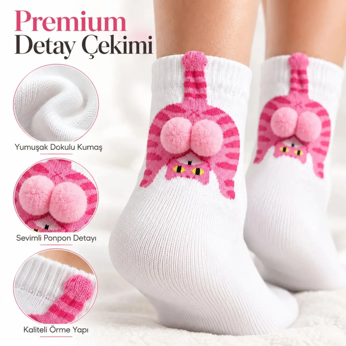 Kadın 3'lü Beyaz Pembe Kedi Desenli Ponponlu Soket Çorap Seti | 3D Kedi Figürlü Sevimli Çorap Modeli görseli