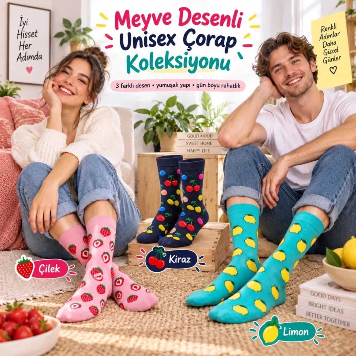 Kadın Ve Erkek Çorap Meyve Desenli Renkli 3'lü Set Uzun Soket Günlük Rahat Çorap Seti görseli
