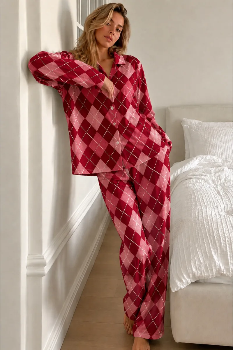 Kadın Bürümcük Tam Boy Kırmızı Pijama Takımı