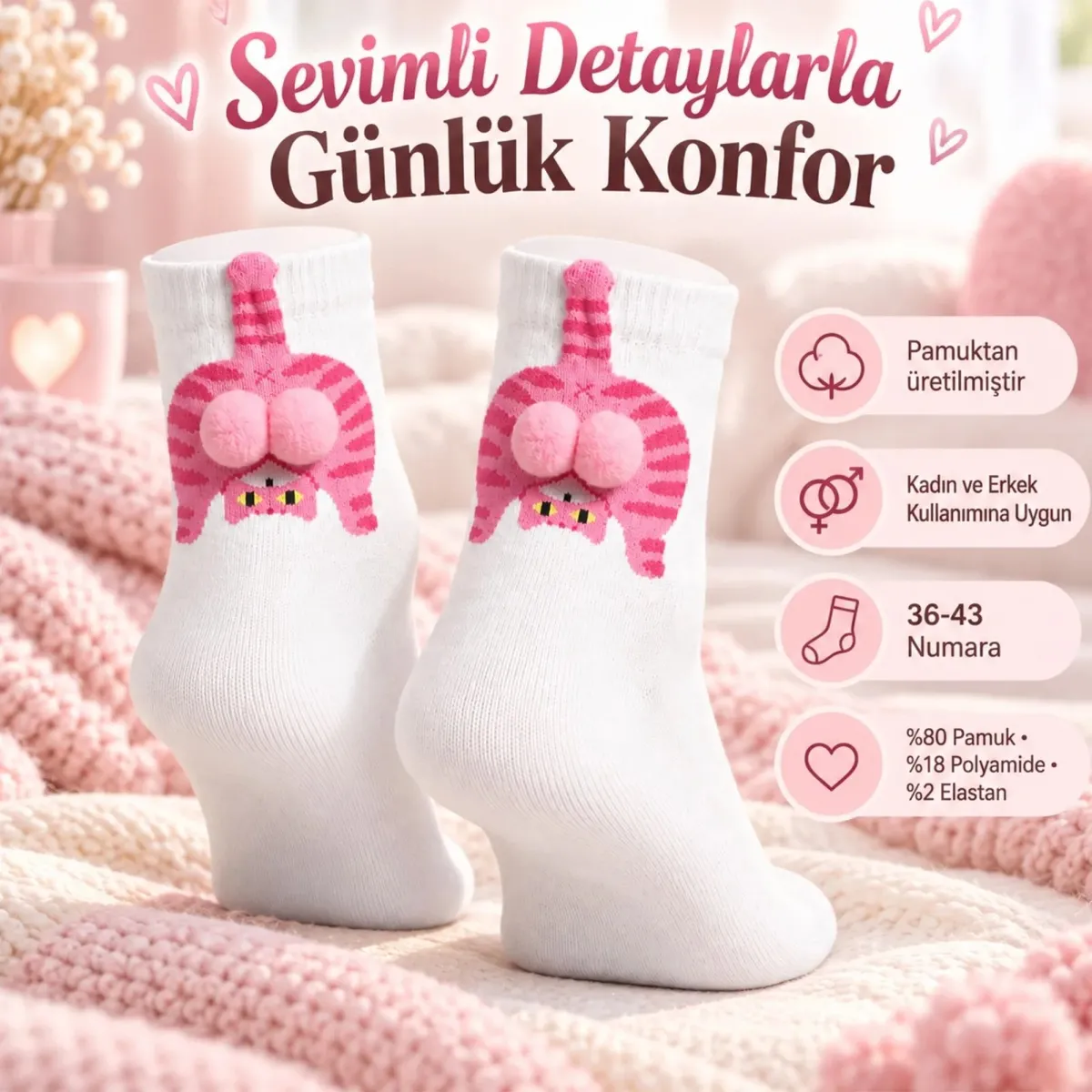 Kadın Beyaz Pembe Kedi Desenli Ponponlu Soket Çorap | Sevimli 3D Kedi Figürlü Eğlenceli Günlük Çorap