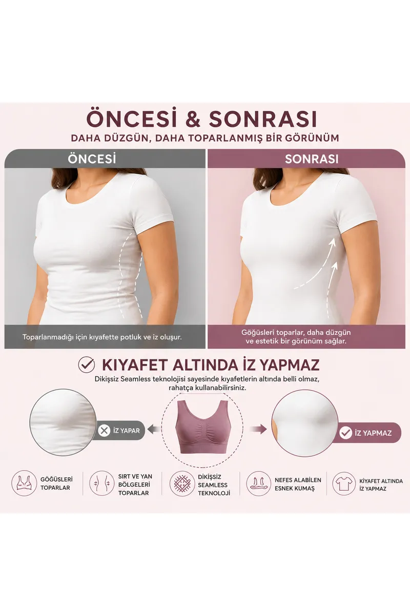 Göğüs Toparlayıcı Dikişsiz Seamless Büstiyer Korse – Kalın Askılı Pedsiz Balensiz Toparlayıcı Sütyen 5050 Gül Kurusu görseli