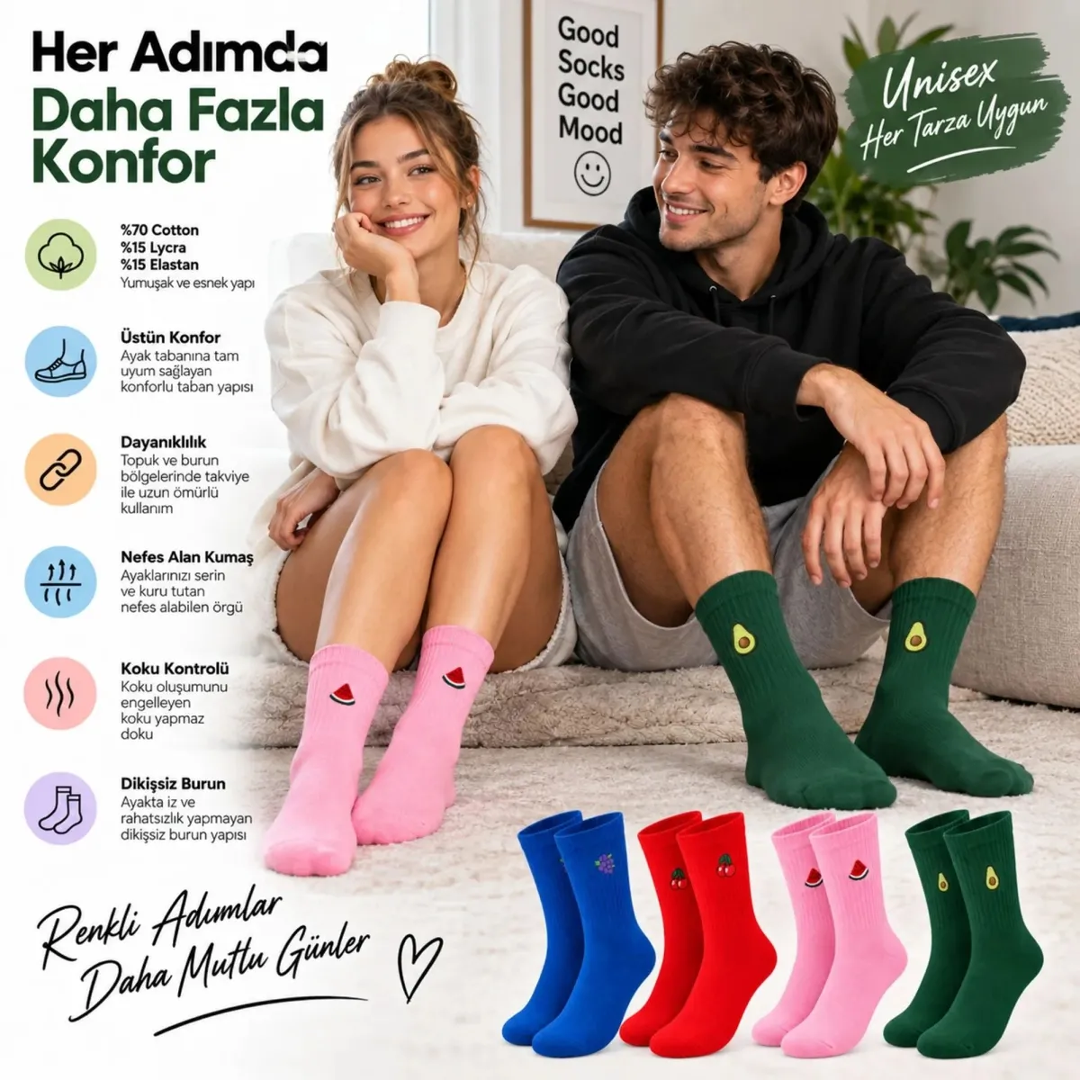 Kadın Çorap Meyve Nakışlı Renkli 4'lü Set Üzüm Kiraz Karpuz Avokado Desenli Günlük Uzun Soket Çorabı görseli
