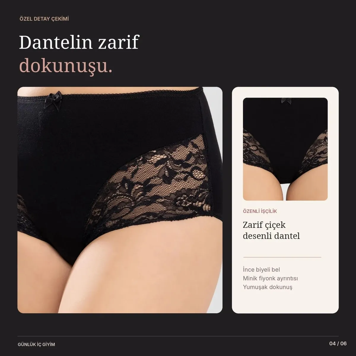 Kadın Pamuklu 3'lü Yüksek Bel Güpürlü Bato Külot Siyah Ten | Yanları Dantelli Günlük ve Rahat İç Çamaşırı görseli
