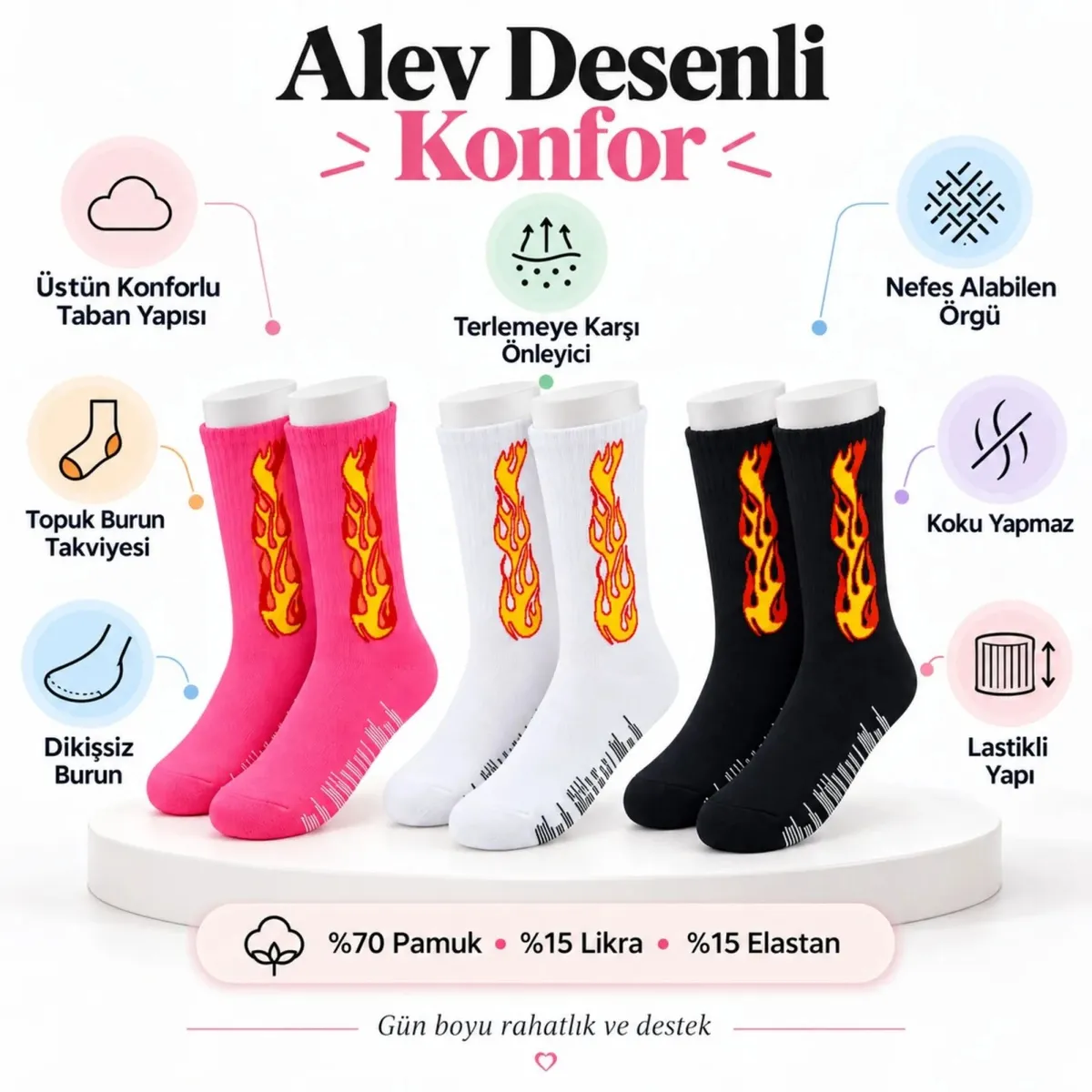 Unisex Alev Desenli Çorap 3'lü Set Pamuklu Uzun Soket Dikişsiz Nefes Alan Günlük Spor Çorabı Yumuşak görseli
