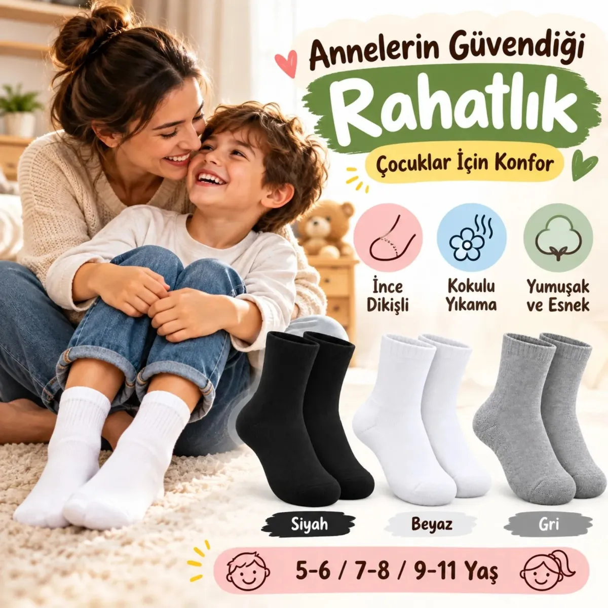 Çocuk Spor Çorap 6'lı Set Siyah Beyaz Gri İnce Dikişli Kokulu Yıkama Yumuşak Esnek Günlük Çorap Seti görseli