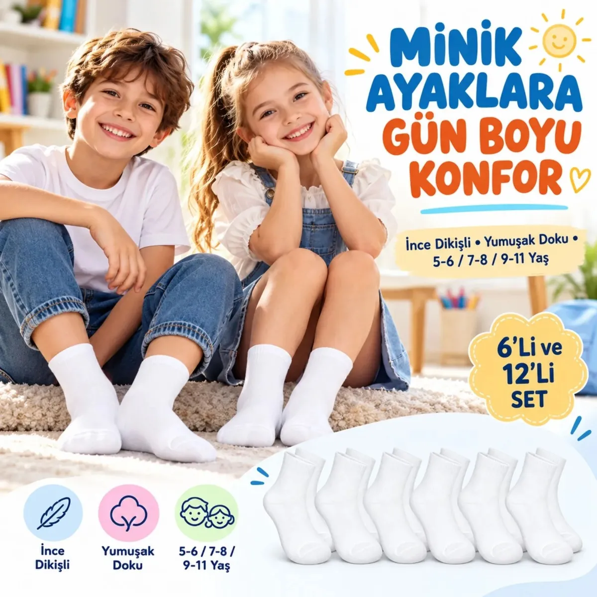 Çocuk Beyaz Çorap 6'lı Set İnce Dikişli Yumuşak Nefes Alabilen Okul Günlük Rahat Çorap 5-11 Yaş Seti