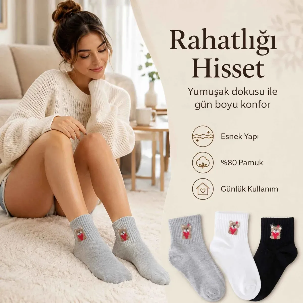 Kadın Ayıcık Desenli Kısa Konç Çorap 12'li | %80 Pamuklu Dikişsiz, Siyah Beyaz Gri görseli