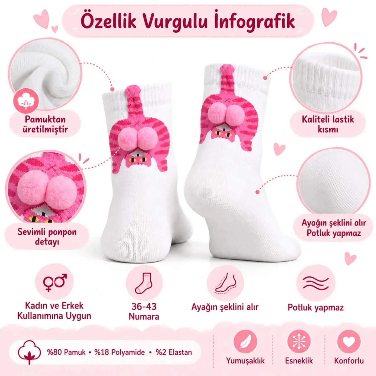 Kadın Beyaz Pembe Kedi Desenli Ponponlu Soket Çorap | Sevimli 3D Kedi Figürlü Eğlenceli Günlük Çorap görseli